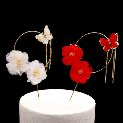 Decorazione per Torte in Metallo a Forma di Fiore in Stile Cinese Vintage Con Nappa di Farfalla Strass Oro Rosso Per Compleanno Matrimonio