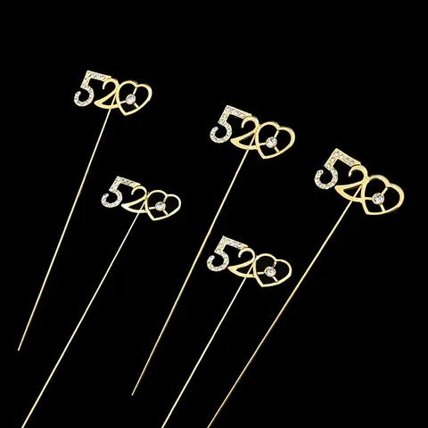 Gold Iron Metal Cake Topper With 520 Number Heart Design Rhinestone Decor For Valentine's Day Birthday Anniversary Party Cake Ornament
