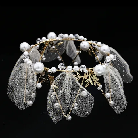 Corona in Lega d'Oro Fatta a Mano con Fiori in Rete per Matrimonio Compleanno Decorazione Torta Tiara Romantica con Perle e Cristalli Accessori Capelli Donna Festa