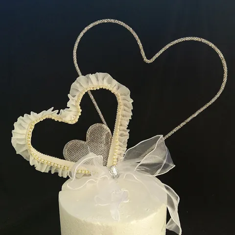 Heart Shaped Cake Topper Set Alloy Rhinestone Pearl Bowknot Decoration For Birthday Wedding Valentine's Day Party Decor