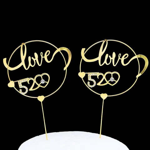 Golden Metal Cake Topper With Heart Design And Rhinestone Accents Elegant Iron Art Party Decor For Birthdays Weddings Romantic Celebrations