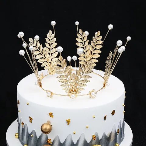 Elegant Golden Leaf Pearl Crown Cake Topper For Wedding Birthday Party Tulle Hair Tiara Accessory For Women Metal Decoration