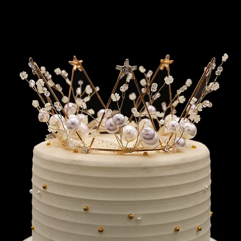Vintage Gold Metal Crown Cake Topper With Faux Pearls Star Design Lace Trim For Birthday Wedding Party Hair Accessories Women Kids