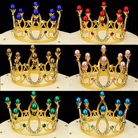 Vintage Alloy Rhinestone Faux Pearl Crown Cake Topper For Birthday Wedding Party Decoration Children Bridal Headpiece