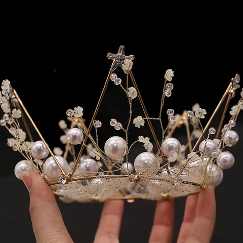 Vintage Gold Metal Crown Cake Topper With Faux Pearls Star Design Lace Trim For Birthday Wedding Party Hair Accessories Women Kids