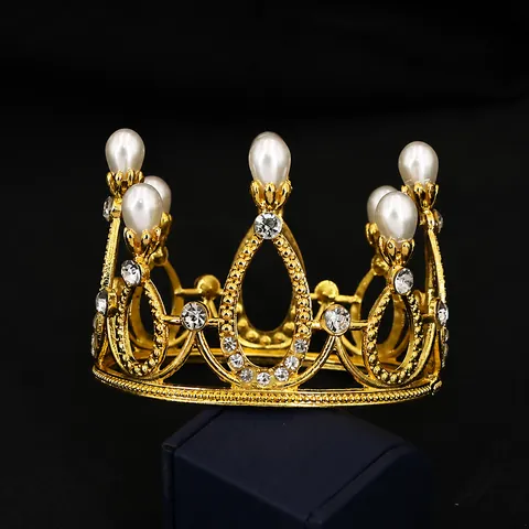 Vintage Alloy Rhinestone Faux Pearl Crown Cake Topper For Birthday Wedding Party Decoration Children Bridal Headpiece