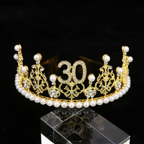 Couronne d'Anniversaire Diadème Numéro 18 30 Fête d'Anniversaire Strass Perle Serre-tête Alliage Princesse Reine Accessoires Cheveux