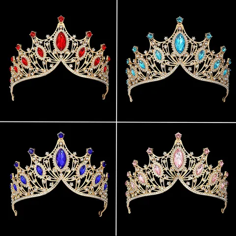 Couronne Diadème de Mariage Vintage en Alliage avec Strass Luxe Plqué Or Cristal Coloré Coiffe de Mariée Pour Fête Anniversaire