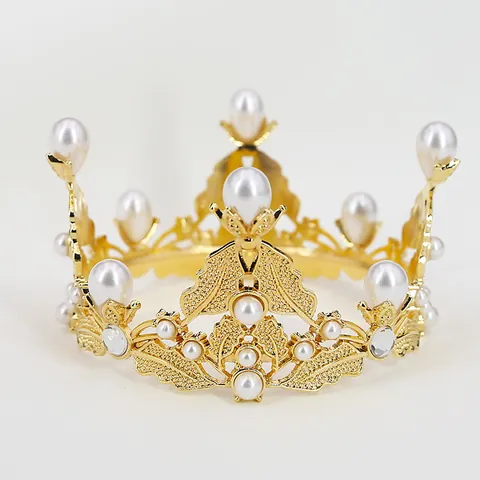 Corona Tiara Barocca in Lega con Künstliche Perle Sintetiche e Strass per Matrimonio Compleanno Decorazione Torta Elegante Foglia Traforata