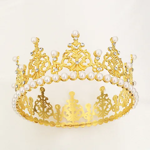 Vintage Baroque Gold Alloy Pearl Rhinestone Crown Tiara For Wedding Birthday Party Cake Topper Women Hair Accessories