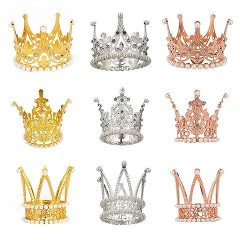 Elegant Alloy Artificial Pearl Rhinestone Mini Crown Tiara For Girls Birthday Party Wedding Cake Topper Hair Accessories