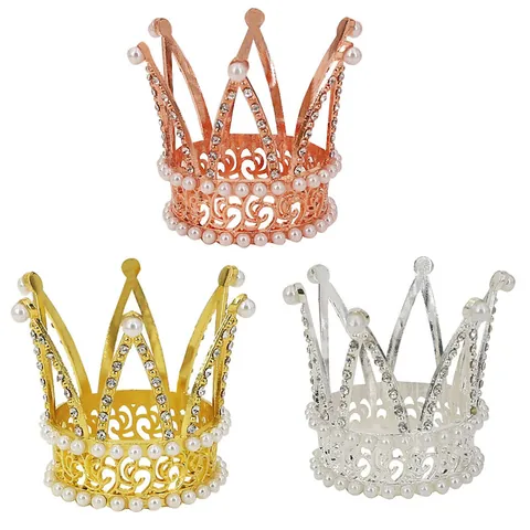 Elegant Mini Alloy Crown Cake Topper With Imitation Artificial Pearls Rhinestones Hollow Design For Birthday Wedding Party Decoration Princess Tiara