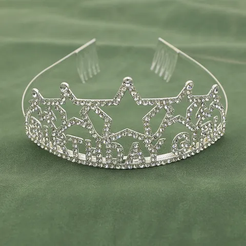 Birthday Girl Silver Alloy Rhinestone Tiara Headband Pink AB Crystal Star Crown For Birthday Party Decorations Girls Women Hair Accessories