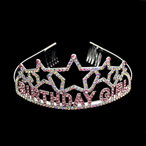 Birthday Girl Silver Alloy Rhinestone Tiara Headband Pink AB Crystal Star Crown For Birthday Party Decorations Girls Women Hair Accessories