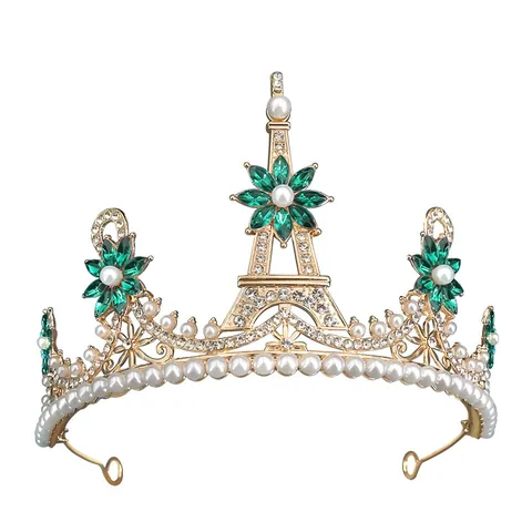 Corona Barocca Torre Eiffel Diadema Sposa Lega Oro Strass Künstliche Perle Accessori Capelli Per Festa Di Compleanno Donna
