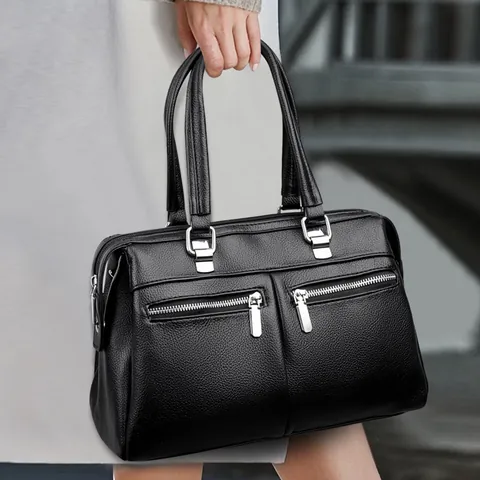 Women Retro Litchi Texture Cowhide Handbag Large Capacity Multi-Pocket Shoulder Tote Bag Office Commute Fashion Leather