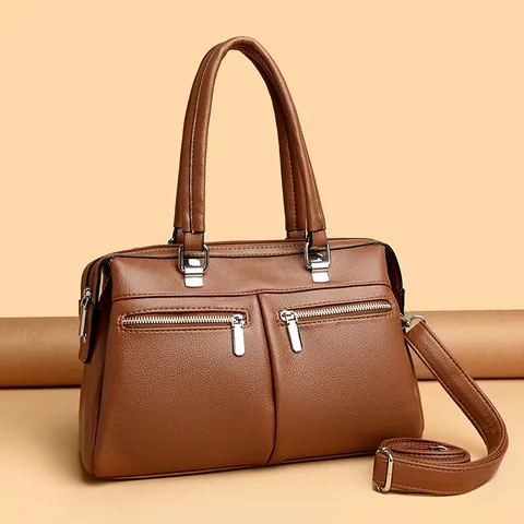Women Retro Litchi Texture Cowhide Handbag Large Capacity Multi-Pocket Shoulder Tote Bag Office Commute Fashion Leather