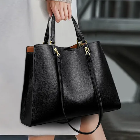 Sac Cabas de Grande Capacité en Cuir Grain de Litchi pour Femmes Matériel Doré Sac à Main de Travail Quotidien