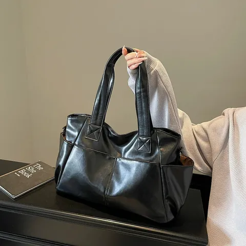 Women Large Capacity Synthetic Leather Tote Bag Casual Simple Solid Color Commuter Shoulder Handbag With Multi Pockets Double Handles Adjustable Long Strap