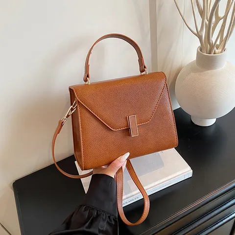 Women Urban PU Leather Lychee Texture Handbag With Metal Lock Flap Top Handle Adjustable Shoulder Strap Crossbody Bag