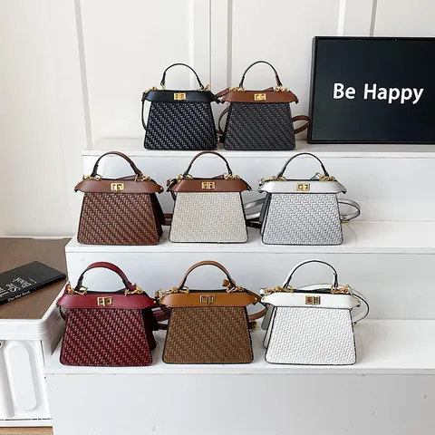 Women Vintage Woven Texture PU Leather Handbag Crossbody Bag With Metal Twist Lock Handle Shoulder Strap Versatile Elegant Square Satchel