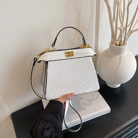 Women Vintage Woven Texture PU Leather Handbag Crossbody Bag With Metal Twist Lock Handle Shoulder Strap Versatile Elegant Square Satchel