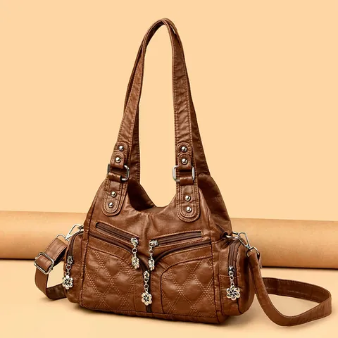 Vintage Soft PU Leather Quilted Shoulder Bag For Women Large Capacity Multi-Pocket Handbag Crossbody Bag With Flower Zipper Pull