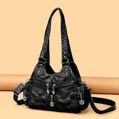 Vintage Soft PU Leather Quilted Shoulder Bag For Women Large Capacity Multi-Pocket Handbag Crossbody Bag With Flower Zipper Pull