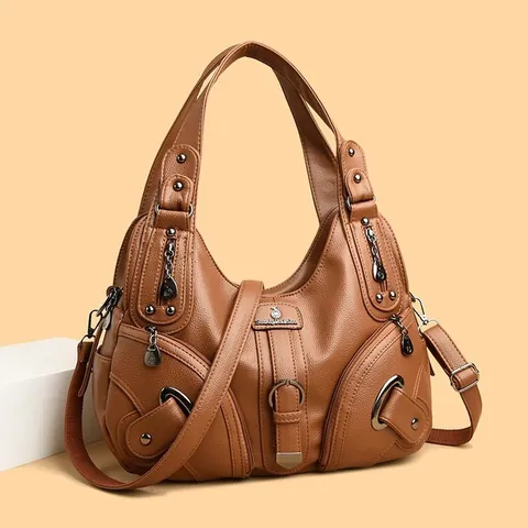 Vintage Women Shoulder Bag Pebble Grain PU Leather Large Capacity Multi-Pocket Hobo Handbag Retro Crossbody Bag