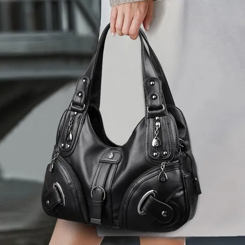 Vintage Women Shoulder Bag Pebble Grain PU Leather Large Capacity Multi-Pocket Hobo Handbag Retro Crossbody Bag