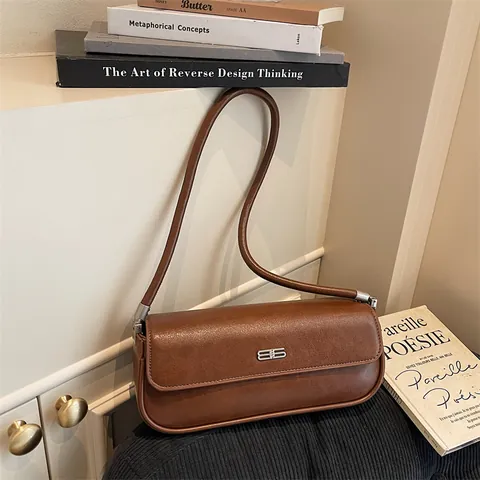 Bolso Baguette de Cuero PU Retro para Mujer Color Sólido Vintage Bolso de Axila Hebilla de Metal Moda Bolso de Hombro