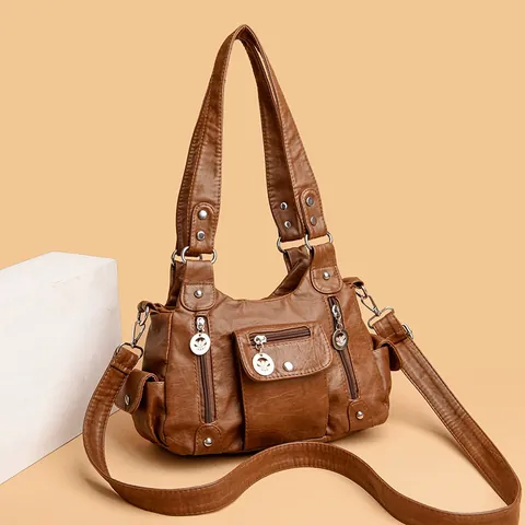 Borsa a Mano Donna in Pelle PU Lavata Retro Borsa a Tracolla Multi-Tasca Grande Capacità con Tracolla Regolabile