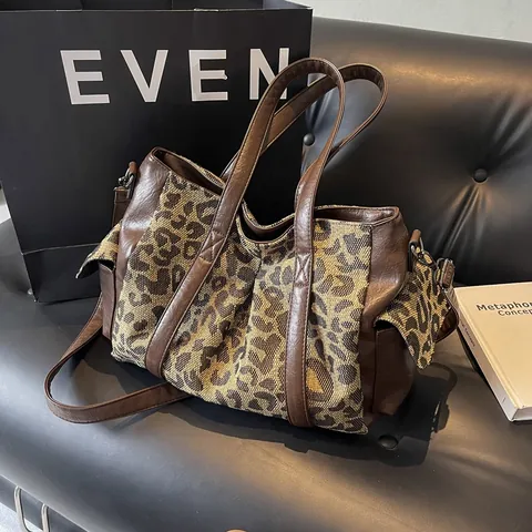 Women Leopard Print Large Capacity Tote Bag Canvas PU Leather Patchwork Shoulder Bag With Adjustable Strap Vintage Commuting Handbag