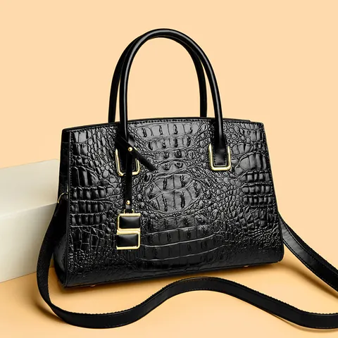 Elegant Women Crocodile Pattern Cowhide Handbag Large Capacity Tote Bag Gold Hardware Luxury Shoulder Crossbody Bag Daily Office
