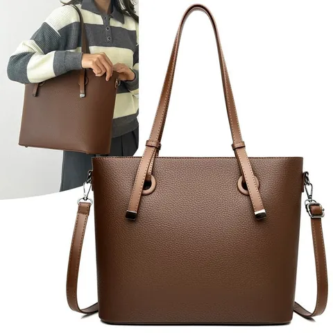Sac Fourre-tout en Cuir PU à Grain de Litchi pour Femmes Grande Capacité Sac à Bandoulière Vintage Minimaliste pour Trajet
