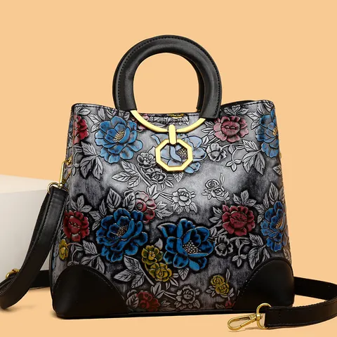 Retro Ethnic Floral Embossed Women Handbag Vintage PU Leather Top Handle Crossbody Satchel Shoulder Bag Golden Hardware