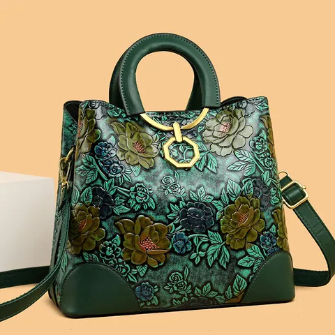 Retro Ethnic Floral Embossed Women Handbag Vintage PU Leather Top Handle Crossbody Satchel Shoulder Bag Golden Hardware