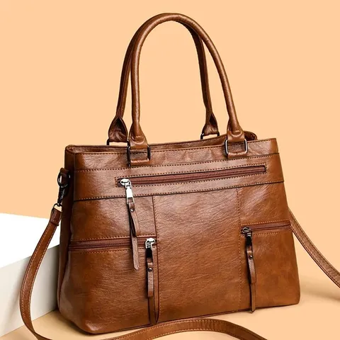 Large Capacity Women PU Leather Tote Bag Soft Texture Multi Zipper Pocket Shoulder Crossbody Bag Commuter Handbag