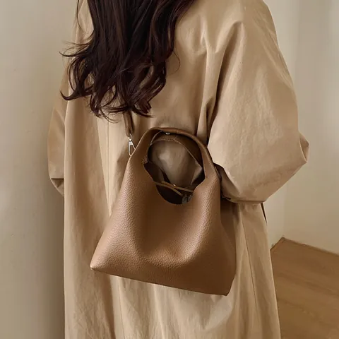Women Minimalist Litchi Texture PU Leather Bucket Bag Large Capacity Vegetable Basket Handbag Retro Crossbody Shoulder Bag