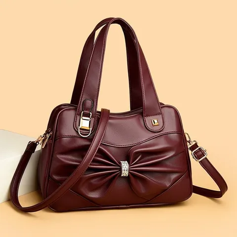 Women Elegant PU Leather Handbag Large Capacity Fashion Bow Rhinestone Shoulder Bag With Adjustable Strap Tote Bag Daily Use