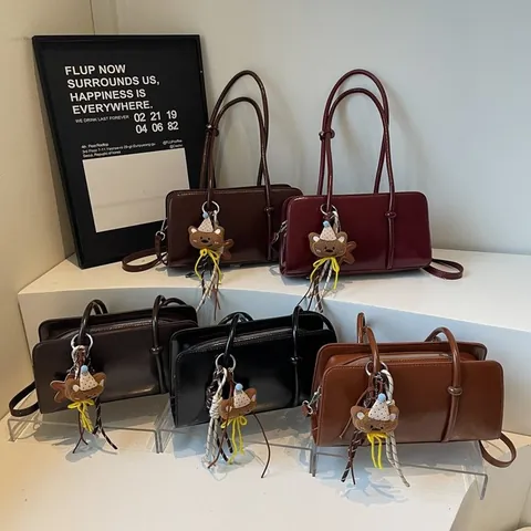 Vintage Oil Wax PU Leather Underarm Bag For Women Large Capacity Minimalist Shoulder Bag Solid Color Commute Handbag