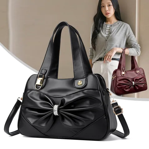 Women Elegant PU Leather Handbag Large Capacity Fashion Bow Rhinestone Shoulder Bag With Adjustable Strap Tote Bag Daily Use