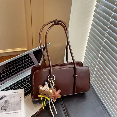 Vintage Oil Wax PU Leather Underarm Bag For Women Large Capacity Minimalist Shoulder Bag Solid Color Commute Handbag