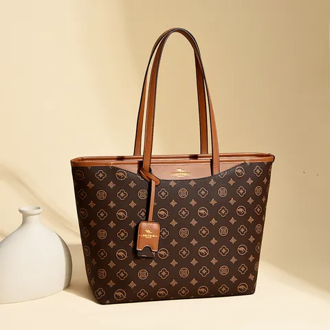 Vintage Monogram Print Tote Bag For Women Large Capacity Synthetic Leather Shoulder Bag Retro Commute Shopping Bag Handbag