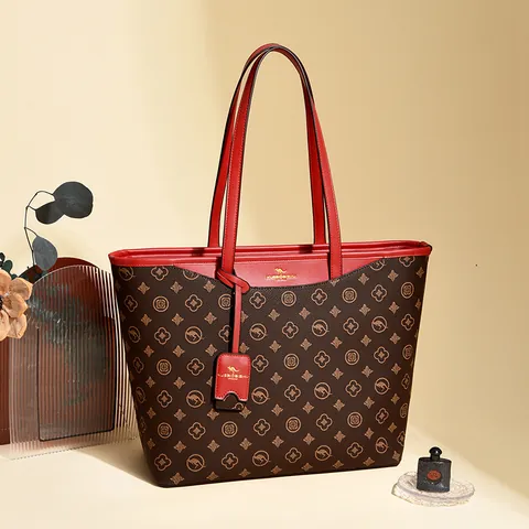 Vintage Monogram Print Tote Bag For Women Large Capacity Synthetic Leather Shoulder Bag Retro Commute Shopping Bag Handbag