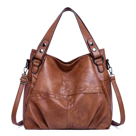 Bolso Tote de Cuero PU Retro para Mujer Gran Capacidad Color Sólido Costuras Bolso de Hombro Bolso de Mano Con Correa Desmontable