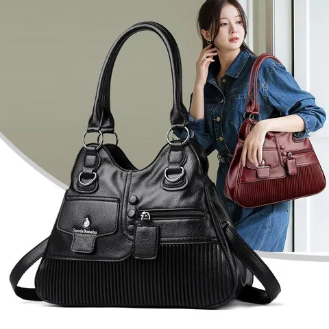 Damen Große Kapazität PU Leder Shopper Mode Litschitextur Schultertasche Mit Plissee Details Multi Tasche Handtasche