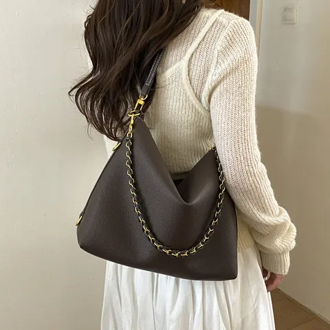 Large Capacity PU Leather Tote Bag Women Vintage Chain Shoulder Bag Minimalist Hobo Handbag Commuting Crossbody Bag