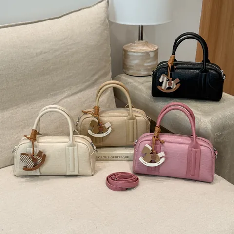 Women's Vintage PU Leather Boston Bag Minimalist Pillow Handbag With Rocking Horse Charm Crossbody Shoulder Bag