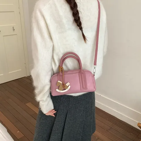 Women's Vintage PU Leather Boston Bag Minimalist Pillow Handbag With Rocking Horse Charm Crossbody Shoulder Bag